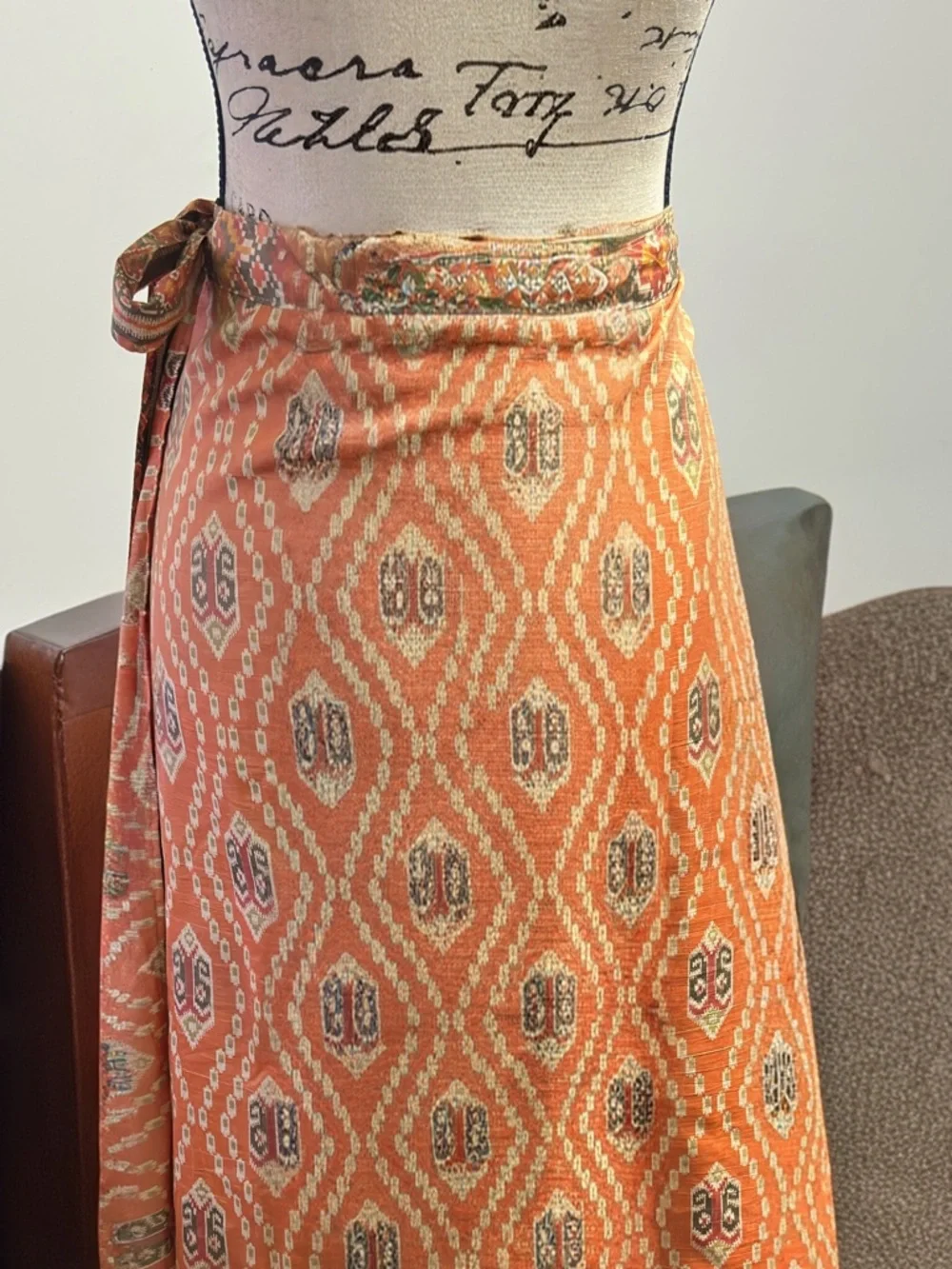 Boho Wrap Skirt in Warm Orange Ikat - Picture 1 of 12